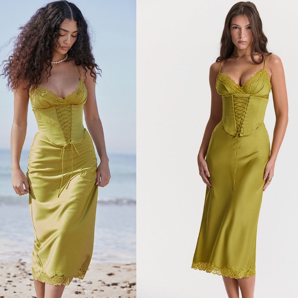 HOUSE OF CB 'Salma' Chartreuse Satin Slip Dress NWOT